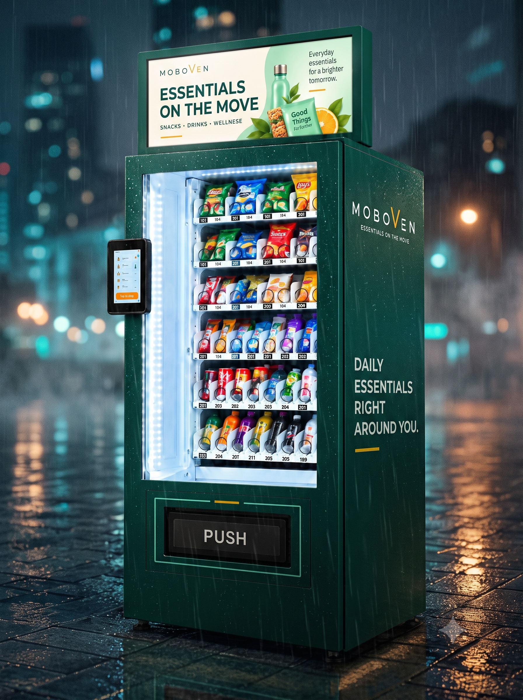 A MOBOVEN station glowing on a rain-soaked city street at night, stocked with snacks and drinks