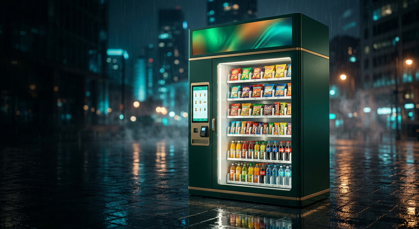 A MOBOVEN station glowing on a rain-soaked city street at night, stocked with snacks and drinks
