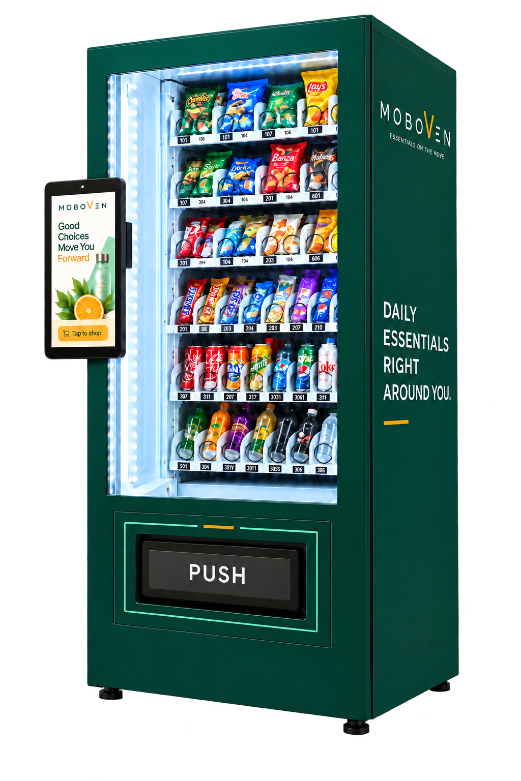 MOBOVEN Compact Station: green smart vending machine with a side touchscreen and lit shelves of snacks and drinks
