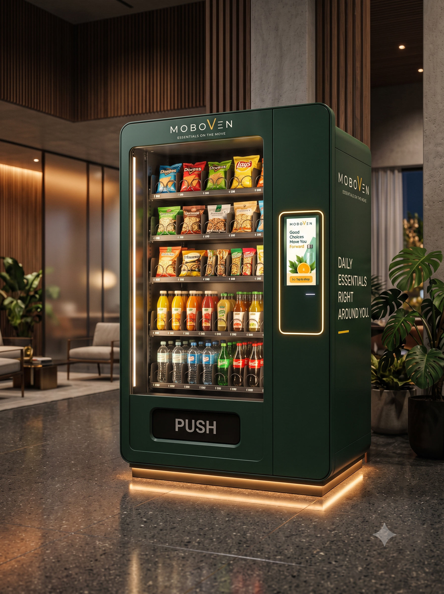 A MOBOVEN station installed in a premium residential lobby with warm ambient lighting